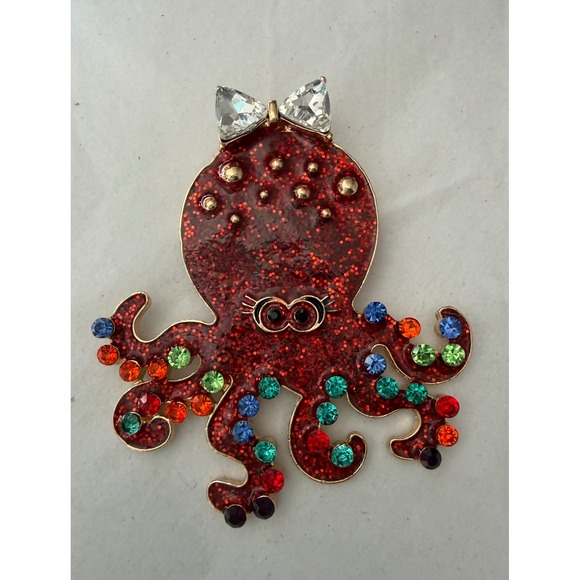 Jewelry - Red Glitter Octopus Brooch Multi Color Rhinestone Gold Tone Nautical Pin